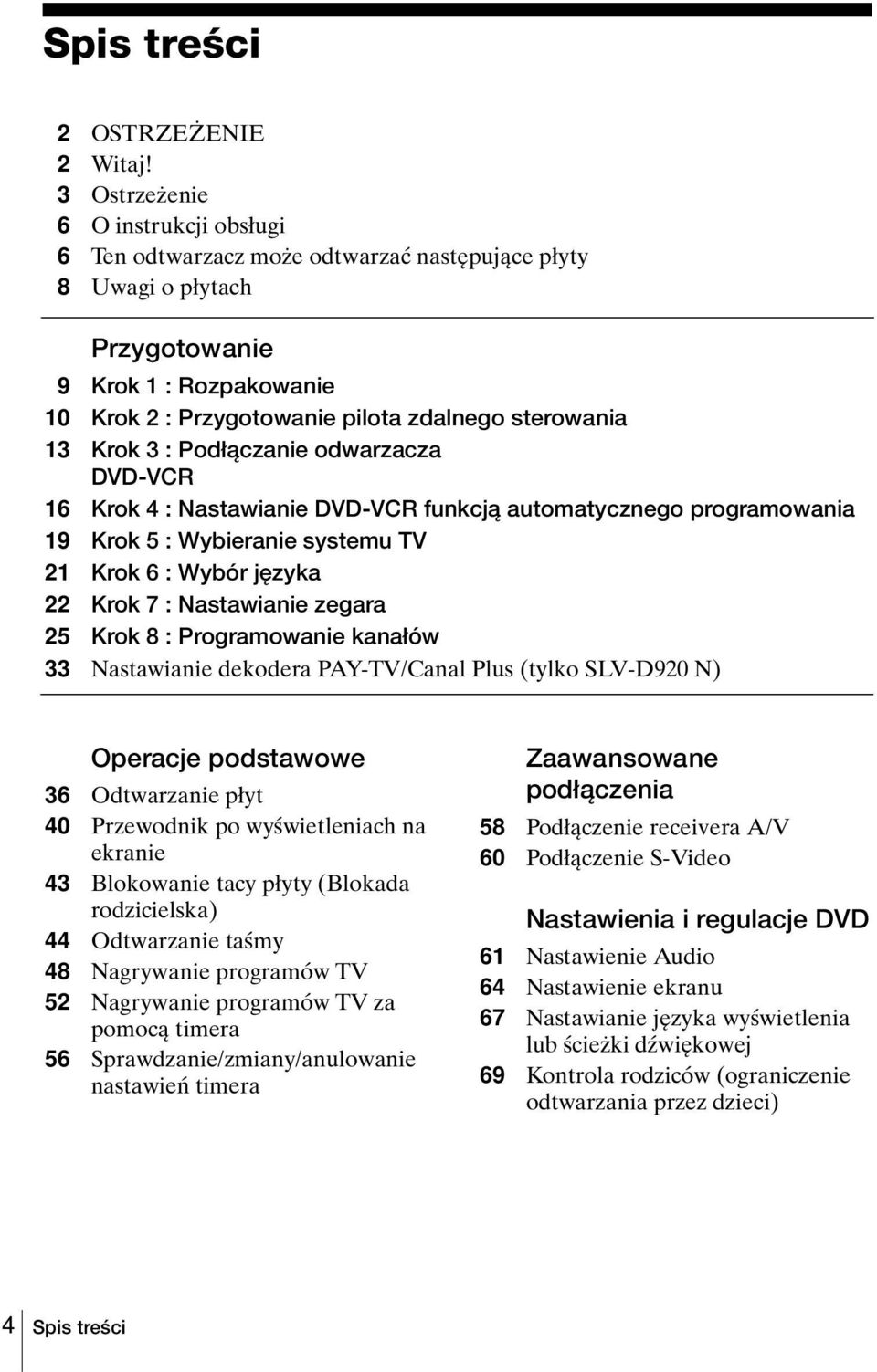 Krok 3 : Podłączanie odwarzacza DVD-VCR 16 Krok 4 : Nastawianie DVD-VCR funkcją automatycznego programowania 19 Krok 5 : Wybieranie systemu TV 21 Krok 6 : Wybór języka 22 Krok 7 : Nastawianie zegara