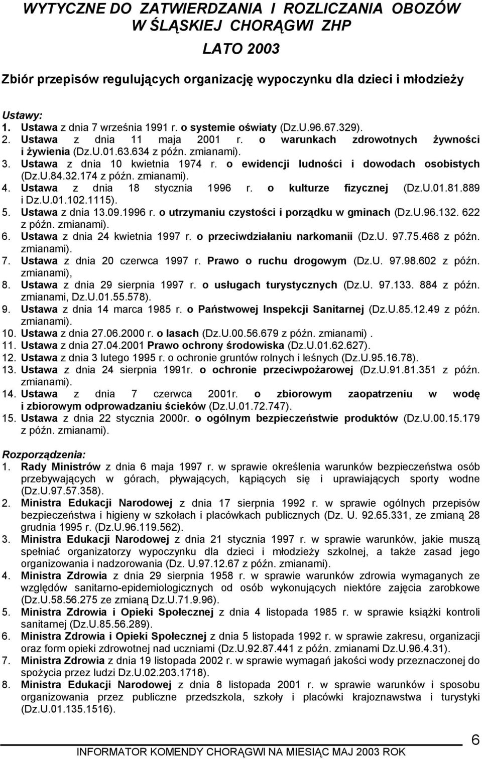 o ewidencji ludności i dowodach osobistych (Dz.U.84.32.174 z późn. zmianami). 4. Ustawa z dnia 18 stycznia 1996 r. o kulturze fizycznej (Dz.U.01.81.889 i Dz.U.01.102.1115). 5. Ustawa z dnia 13.09.