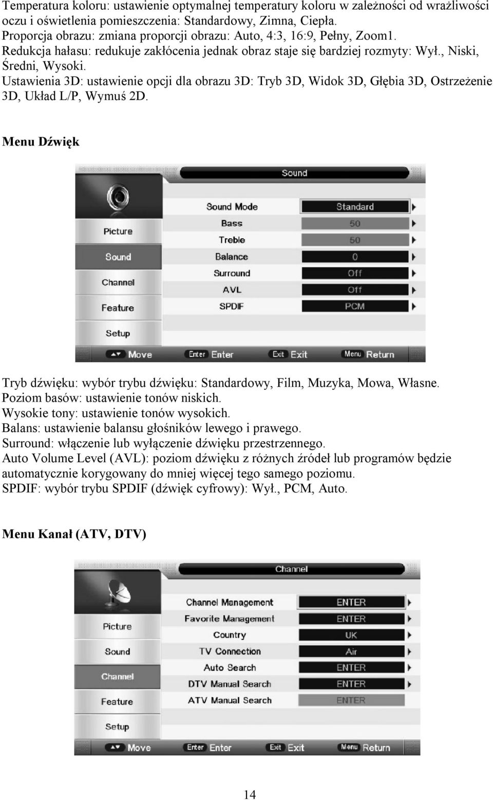 Ustawienia 3D: ustawienie opcji dla obrazu 3D: Tryb 3D, Widok 3D, Głębia 3D, Ostrzeżenie 3D, Układ L/P, Wymuś 2D.