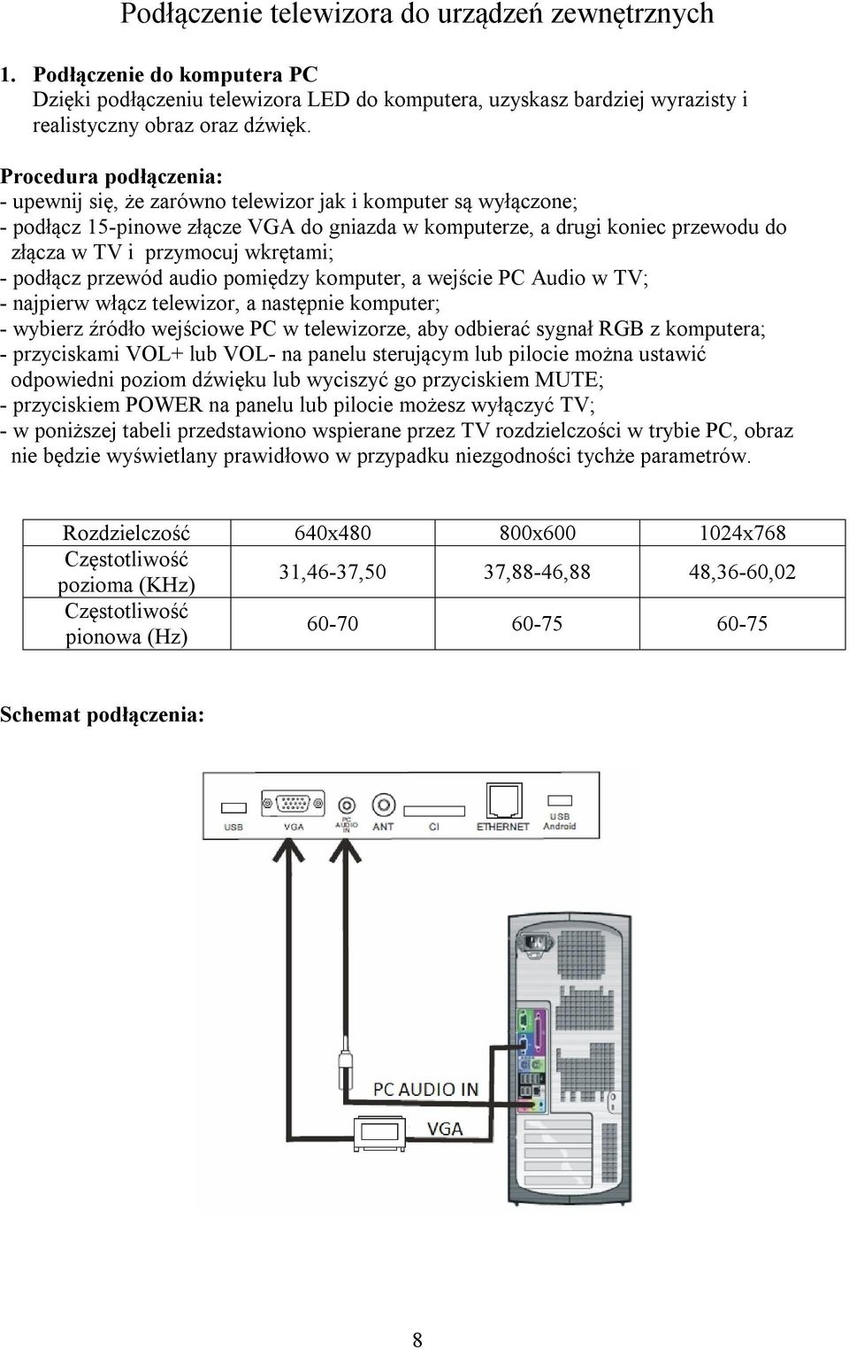 wkrętami; - podłącz przewód audio pomiędzy komputer, a wejście PC Audio w TV; - najpierw włącz telewizor, a następnie komputer; - wybierz źródło wejściowe PC w telewizorze, aby odbierać sygnał RGB z