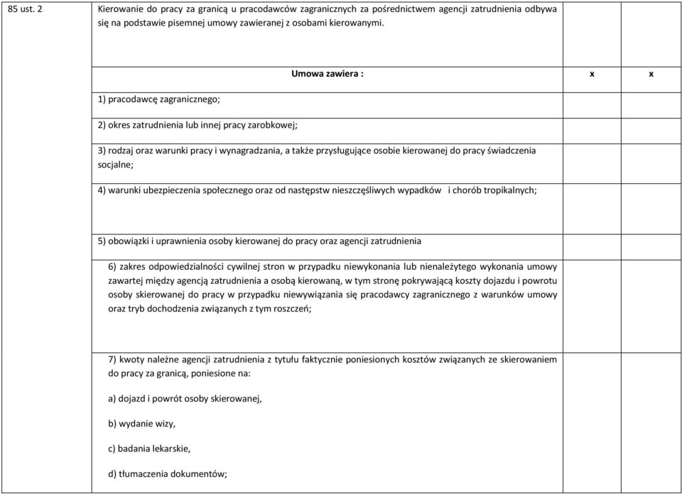 świadczenia socjalne; 4) warunki ubezpieczenia społecznego oraz od następstw nieszczęśliwych wypadków i chorób tropikalnych; 5) obowiązki i uprawnienia osoby kierowanej do pracy oraz agencji