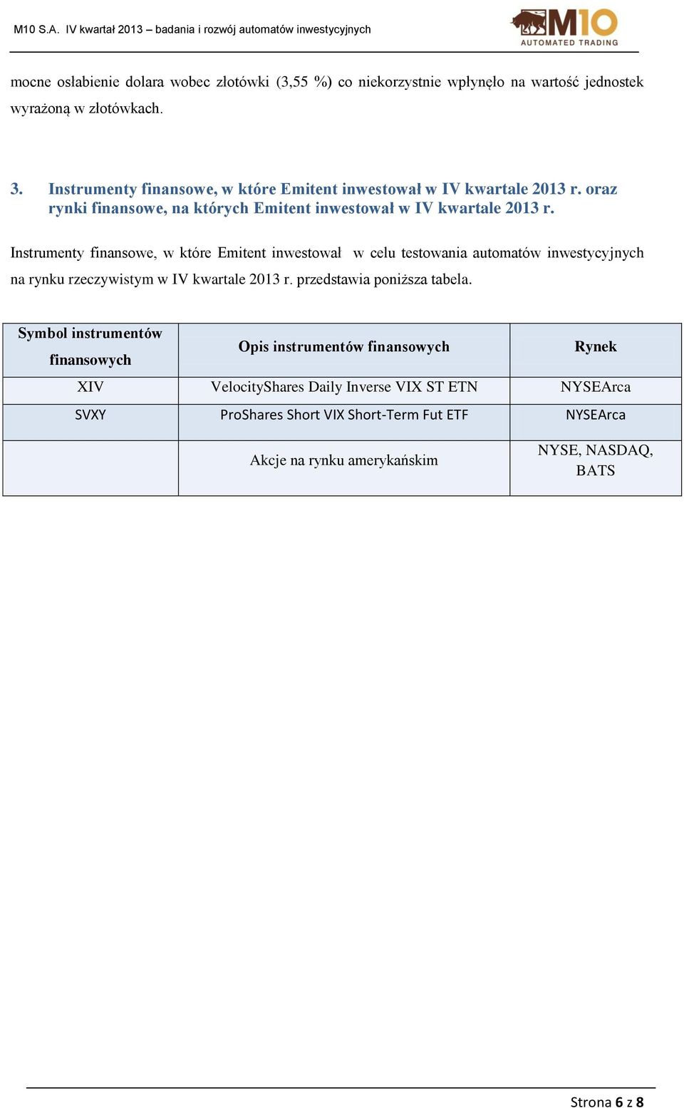 Instrumenty finansowe, w które Emitent inwestował w celu testowania automatów inwestycyjnych na rynku rzeczywistym w IV kwartale 2013 r. przedstawia poniższa tabela.