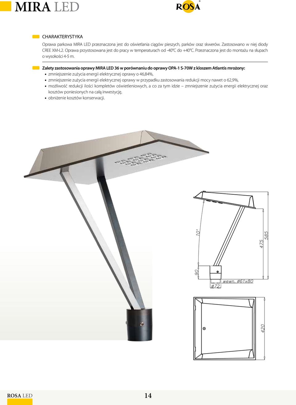 Zalety zastosowania oprawy MIRA LED 36 w porównaniu do oprawy OPA-1 S-70W z kloszem Atlantis mrożony: zmniejszenie zużycia energii elektrycznej oprawy o 46,84%, zmniejszenie zużycia