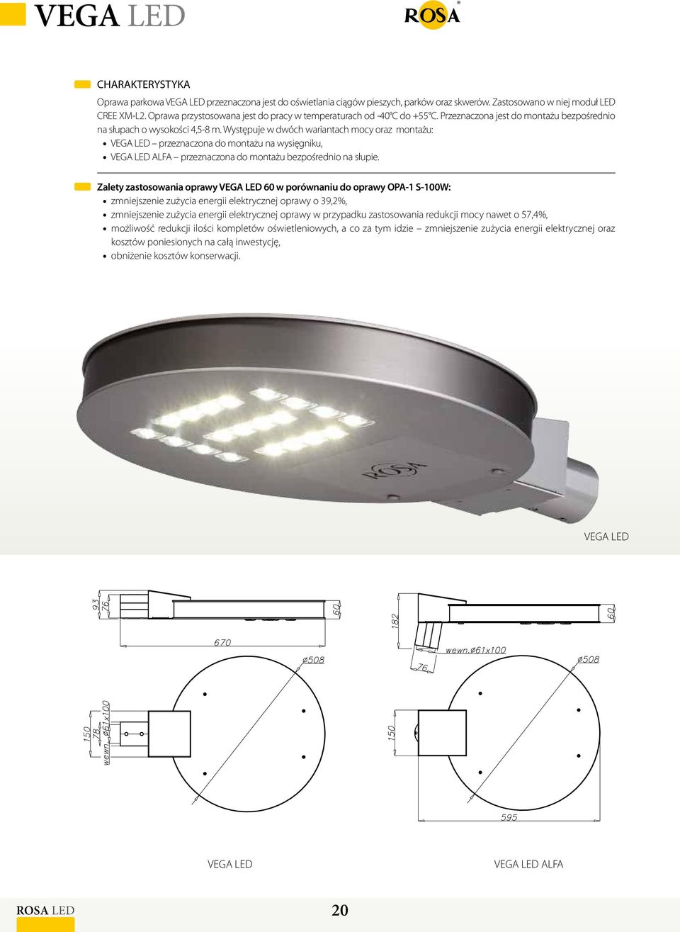 Występuje w dwóch wariantach mocy oraz montażu: VEGA LED przeznaczona do montażu na wysięgniku, VEGA LED ALFA przeznaczona do montażu bezpośrednio na słupie.