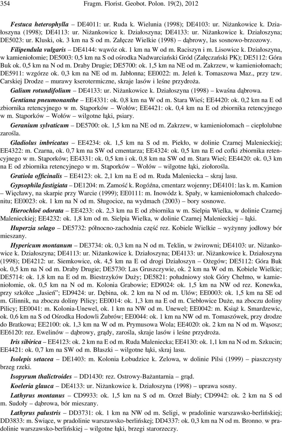 Lisowice k. Działoszyna, w kamieniołomie; DE5003: 0,5 km na S od ośrodka Nadwarciański Gród (Załęczański PK); DE5112: Góra Buk ok. 0,5 km na N od m. Draby Drugie; DE5700: ok. 1,5 km na NE od m.