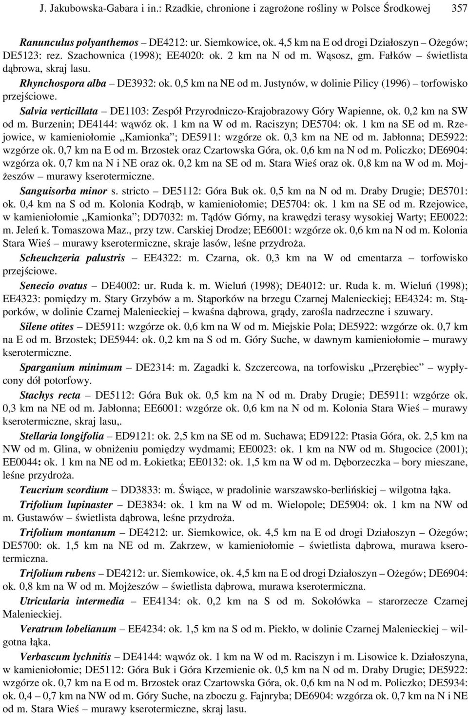 Justynów, w dolinie Pilicy (1996) torfowisko przejściowe. Salvia verticillata DE1103: Zespół Przyrodniczo-Krajobrazowy Góry Wapienne, ok. 0,2 km na SW od m. Burzenin; DE4144: wąwóz ok. 1 km na W od m.