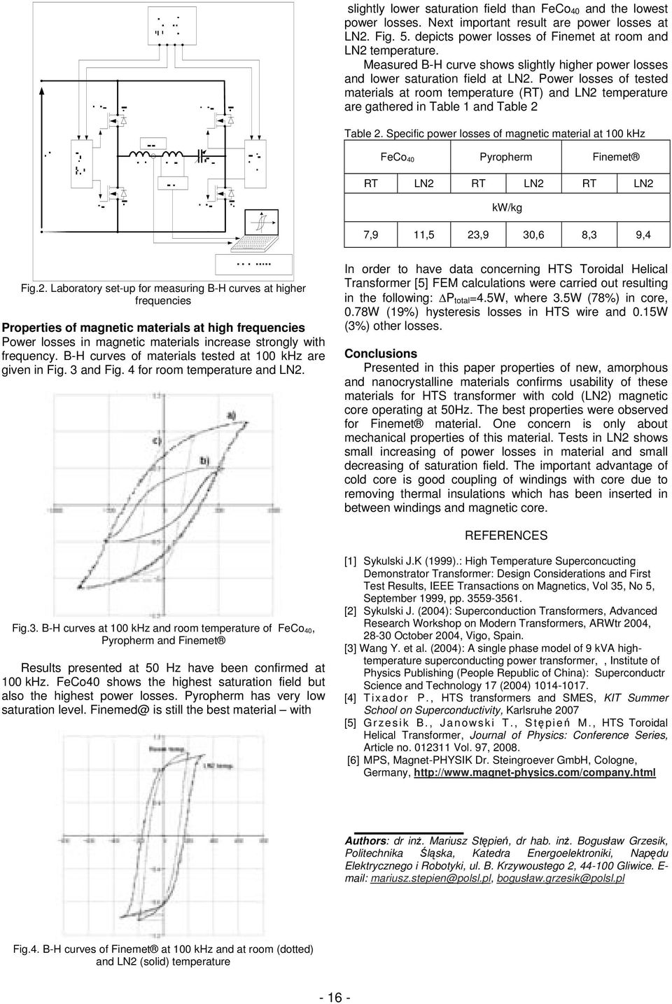 Power losses of tested materials at room temperature (RT) and LN2 temperature are gathered in Table 1 and Table 2 Table 2.