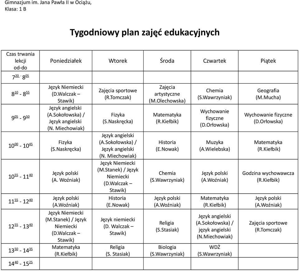 Woźniak) 11 55-12 40 Język 12 55-13 40 Niemiecki 13 50-14