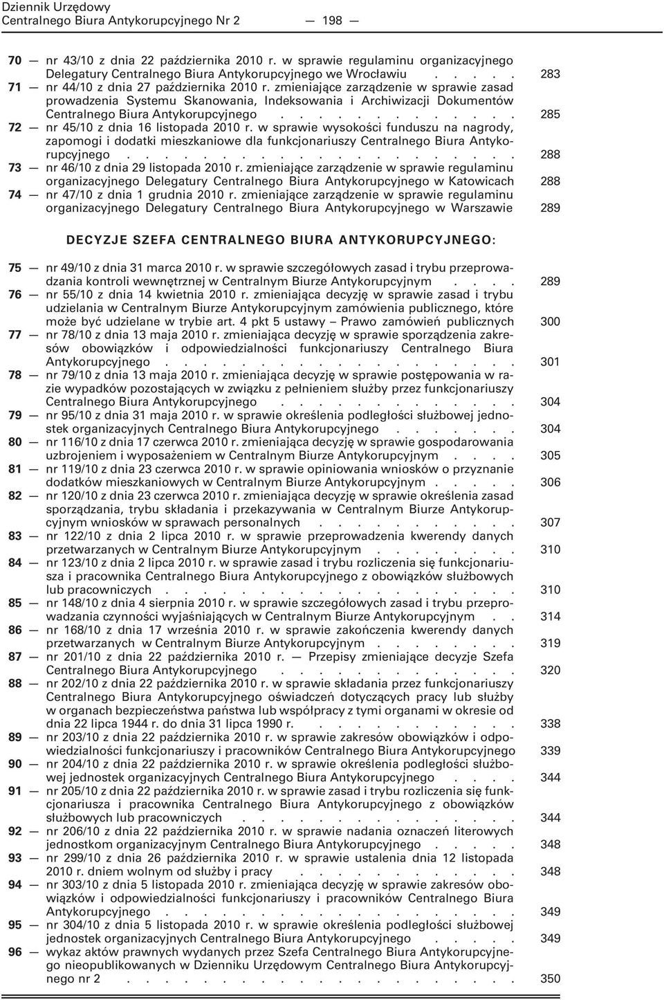 ............ 285 72 nr 45/10 z dnia 16 listopada 2010 r. w sprawie wysokości funduszu na nagrody, zapomogi i dodatki mieszkaniowe dla funkcjonariuszy Centralnego Biura Antykorupcyjnego.