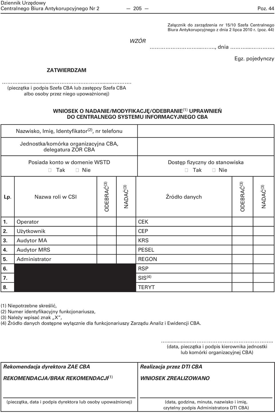 ......... (pieczątka i podpis Szefa CBA lub zastępcy Szefa CBA albo osoby przez niego upoważnionej) WNIOSEK O NADANIE/MODYFIKACJĘ/ODEBRANIE (1) UPRAWNIEŃ DO CENTRALNEGO SYSTEMU INFORMACYJNEGO CBA