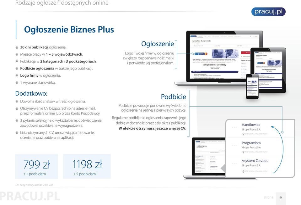 Dodatkowo: Dowolna ilość znaków w treści ogłoszenia. Otrzymywanie CV bezpośrednio na adres e-mail, przez formularz online lub przez Konto Pracodawcy.