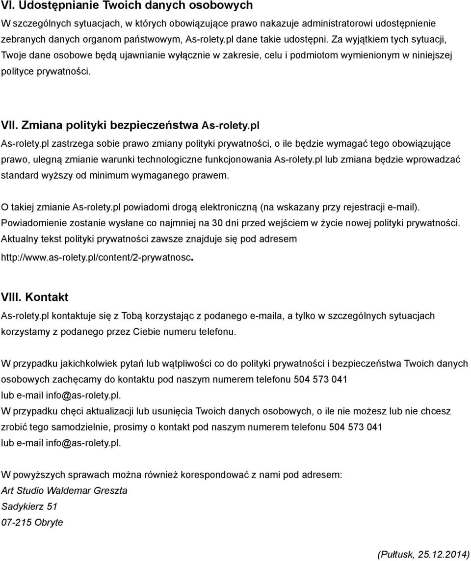 Zmiana polityki bezpieczeństwa As-rolety.pl As-rolety.