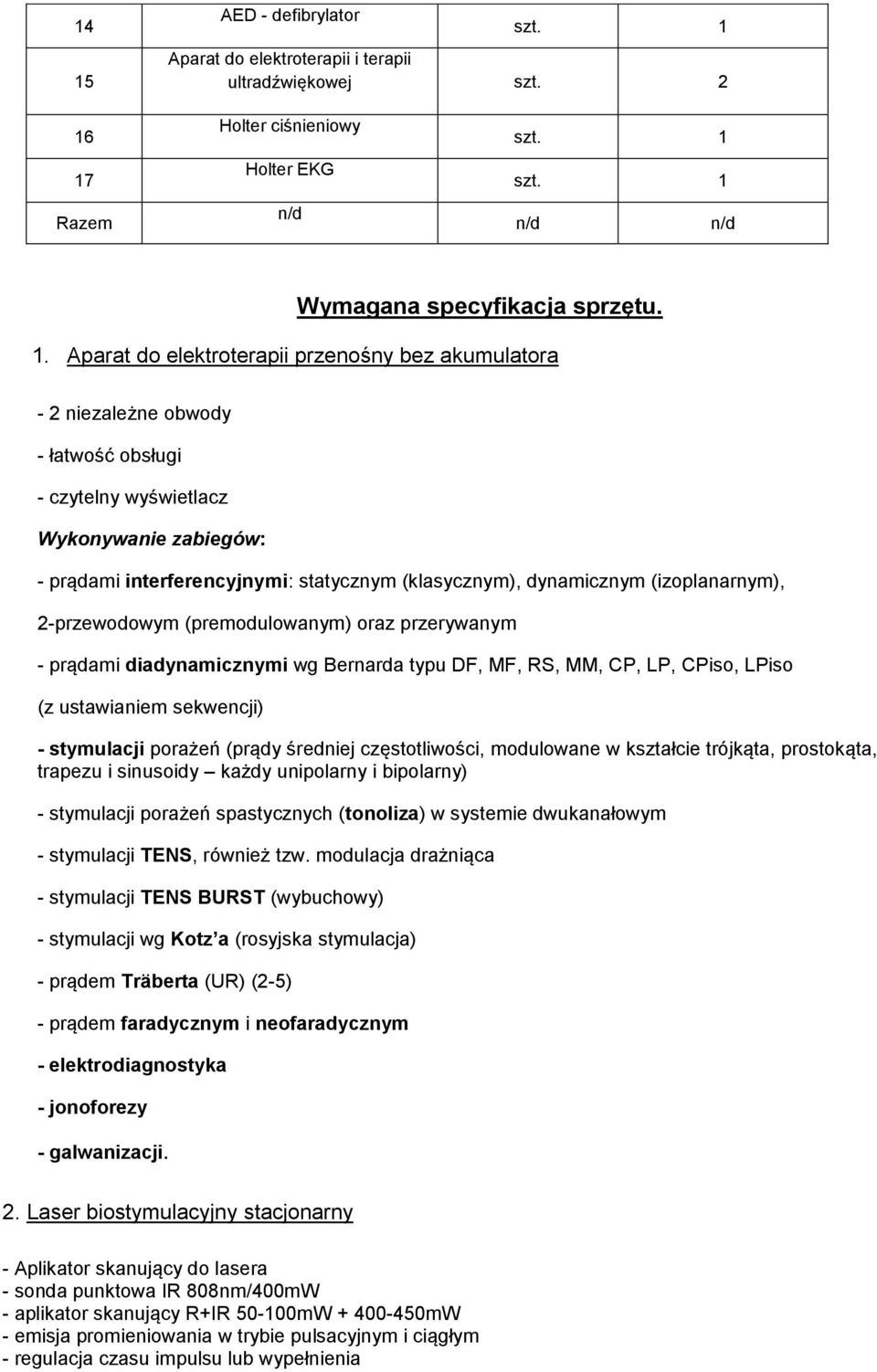 2-przewodowym (premodulowanym) oraz przerywanym - prądami diadynamicznymi wg Bernarda typu DF, MF, RS, MM, CP, LP, CPiso, LPiso (z ustawianiem sekwencji) - stymulacji porażeń (prądy średniej