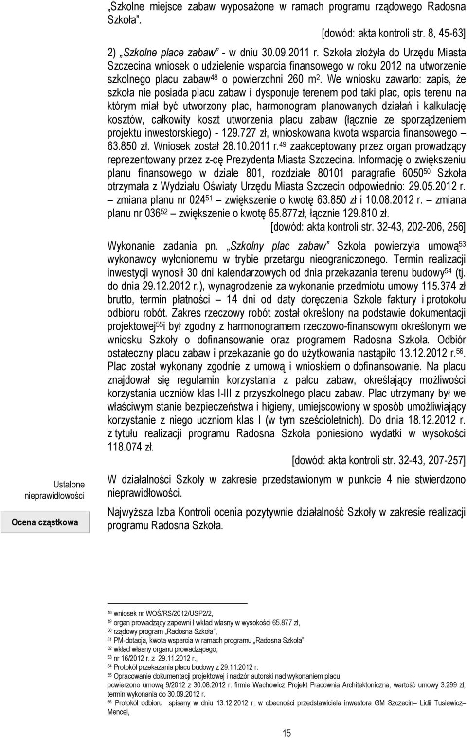 We wniosku zawarto: zapis, Ŝe szkoła nie posiada placu zabaw i dysponuje terenem pod taki plac, opis terenu na którym miał być utworzony plac, harmonogram planowanych działań i kalkulację kosztów,