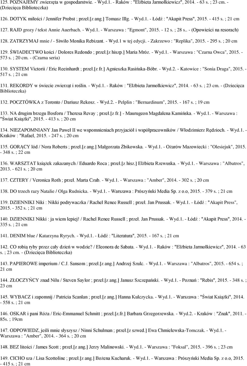 ZATRZYMAJ mnie / - Siwiło Monika Rebizant. - Wyd.1 w tej edycji. - Zakrzewo : "Replika", 2015. - 295 s. ; 20 129. ŚWIADECTWO kości / Dolores Redondo ; przeł.[z hiszp.] Maria Mróz. - Wyd.1. - Warszawa : "Czarna Owca", 2015.