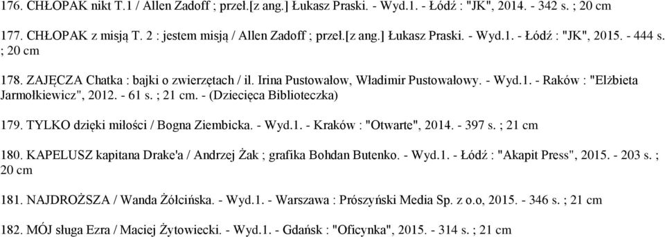 TYLKO dzięki miłości / Bogna Ziembicka. - Wyd.1. - Kraków : "Otwarte", 2014. - 397 s. ; 21 180. KAPELUSZ kapitana Drake'a / Andrzej Żak ; grafika Bohdan Butenko. - Wyd.1. - Łódź : "Akapit Press", 2015.