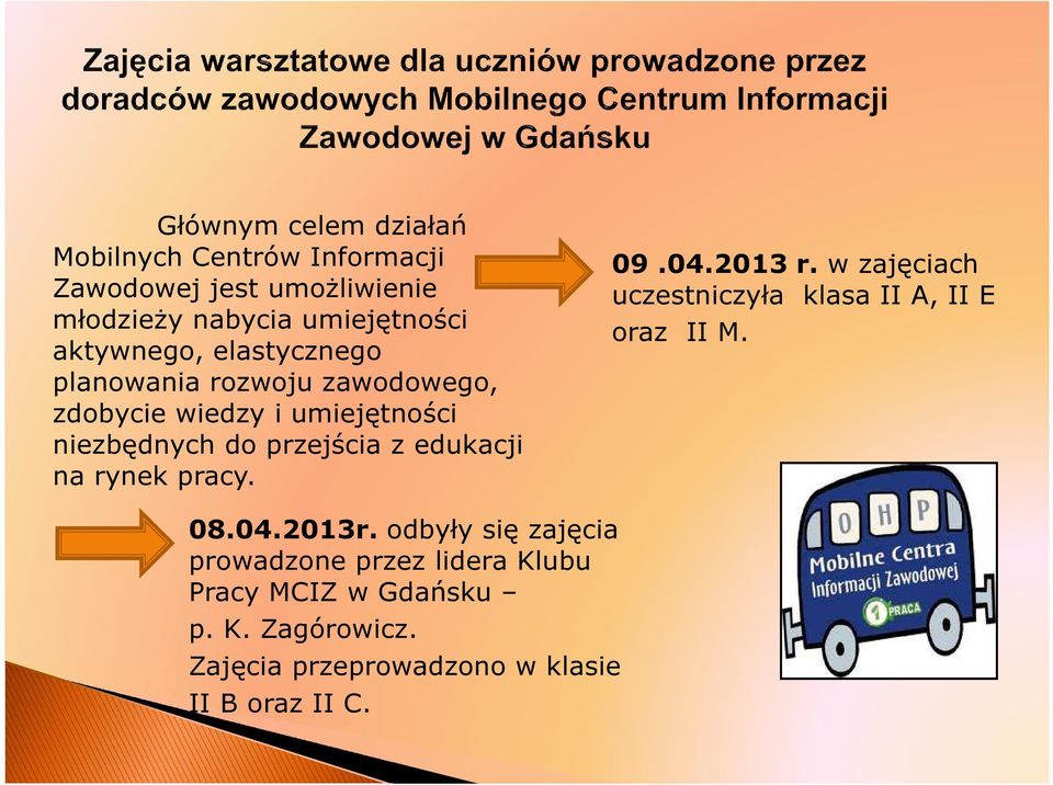 edukacji na rynek pracy. 09.04.2013 r. w zajęciach uczestniczyła klasa II A, II E oraz II M. 08.04.2013r.