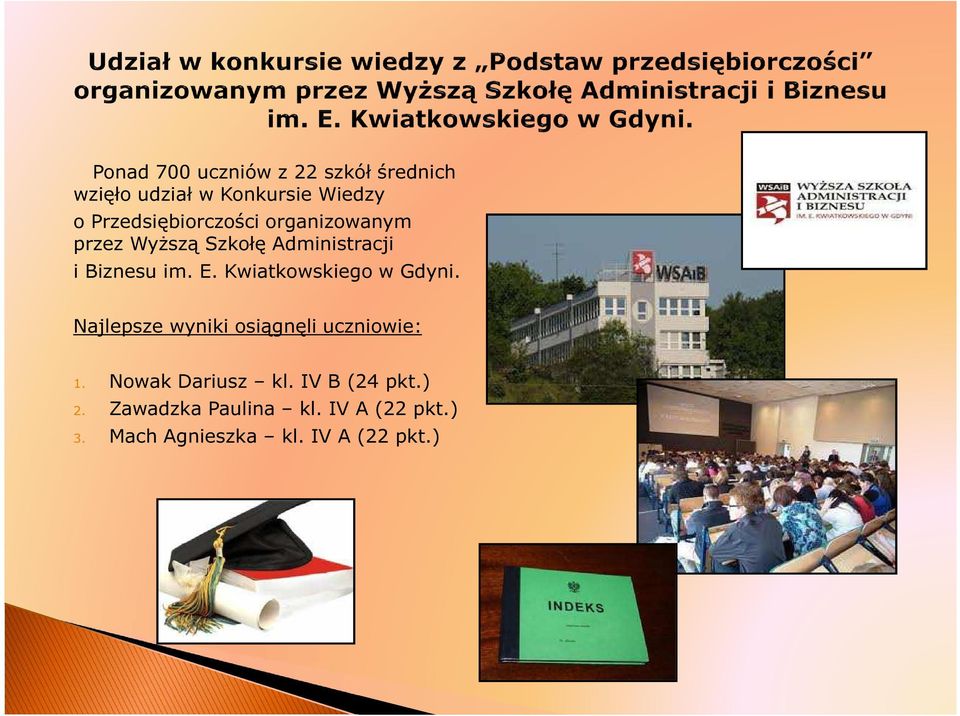 Kwiatkowskiego w Gdyni. Najlepsze wyniki osiągnęli uczniowie: 1. Nowak Dariusz kl.