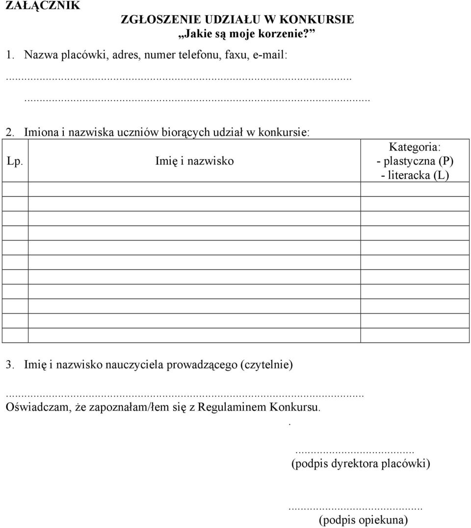 Imiona i nazwiska uczniów biorących udział w konkursie: Lp.