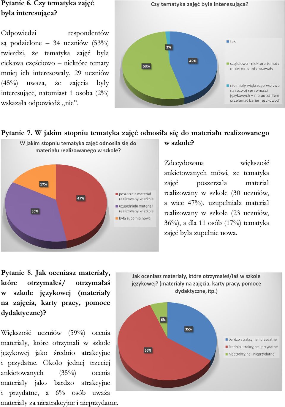 natomiast 1 osoba (2%) wskazała odpowiedź nie. Pytanie 7. W jakim stopniu tematyka zajęć odnosiła się do materiału realizowanego w szkole?