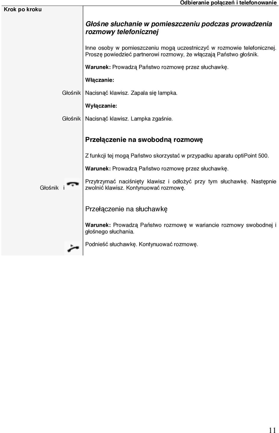 Wyłączanie: Głośnik Nacisnąć klawisz. Lampka zgaśnie. Przełączenie na swobodną rozmowę Z funkcji tej mogą Państwo skorzystać w przypadku aparatu optipoint 500.