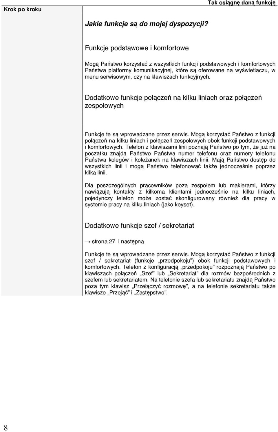 klawiszach funkcyjnych. Dodatkowe funkcje połączeń na kilku liniach oraz połączeń zespołowych Funkcje te są wprowadzane przez serwis.
