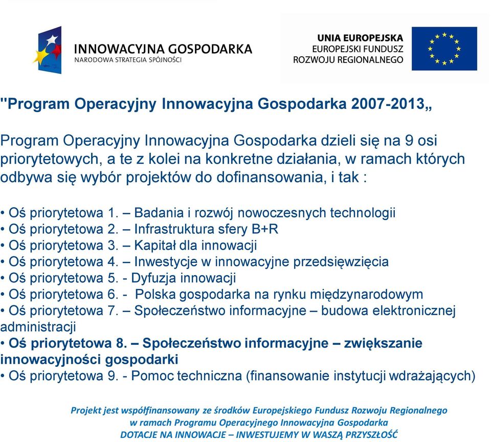 Kapitał dla innowacji Oś priorytetowa 4. Inwestycje w innowacyjne przedsięwzięcia Oś priorytetowa 5. - Dyfuzja innowacji Oś priorytetowa 6.