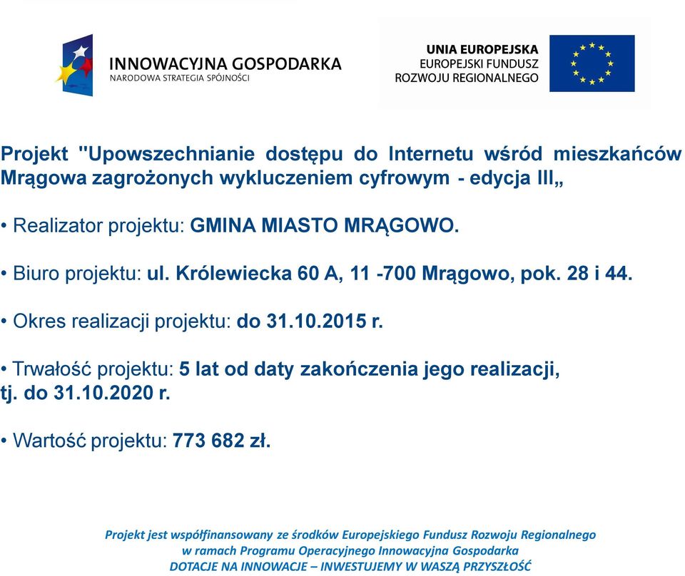 28 i 44. Okres realizacji projektu: do 31.10.2015 r.