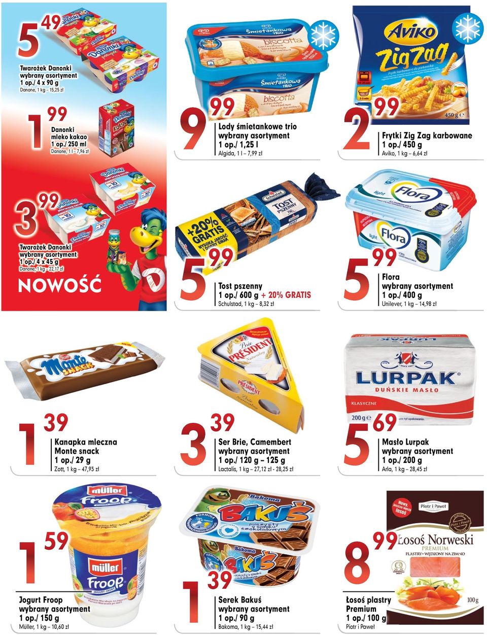/ 600 g + 20% GRATIS Schulstad, 8,32 zł 5 Flora 1 op./ 400 g Unilever, 14,98 zł 1 39 Kanapka mleczna Monte snack 1 op./ 29 g Zott, 47,93 zł 3 39 Ser Brie, Camembert 1 op.