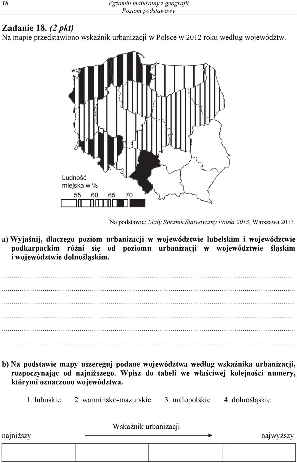 a) Wyjaśnij, dlaczego poziom urbanizacji w województwie lubelskim i województwie podkarpackim różni się od poziomu urbanizacji w województwie śląskim i województwie