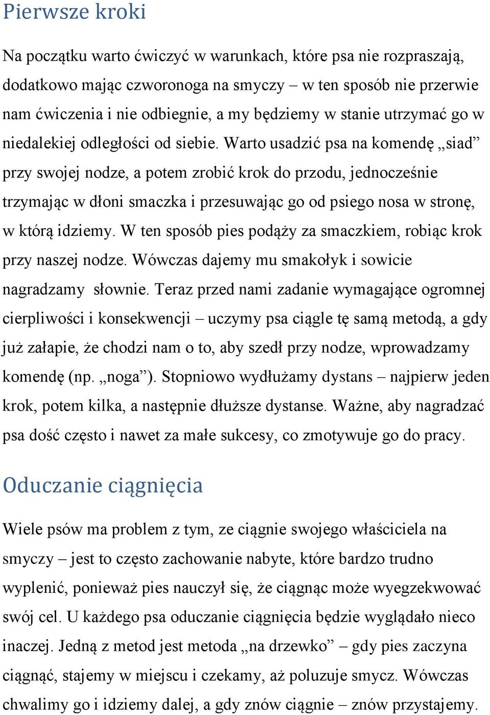 Warto usadzić psa na komendę siad przy swojej nodze, a potem zrobić krok do przodu, jednocześnie trzymając w dłoni smaczka i przesuwając go od psiego nosa w stronę, w którą idziemy.