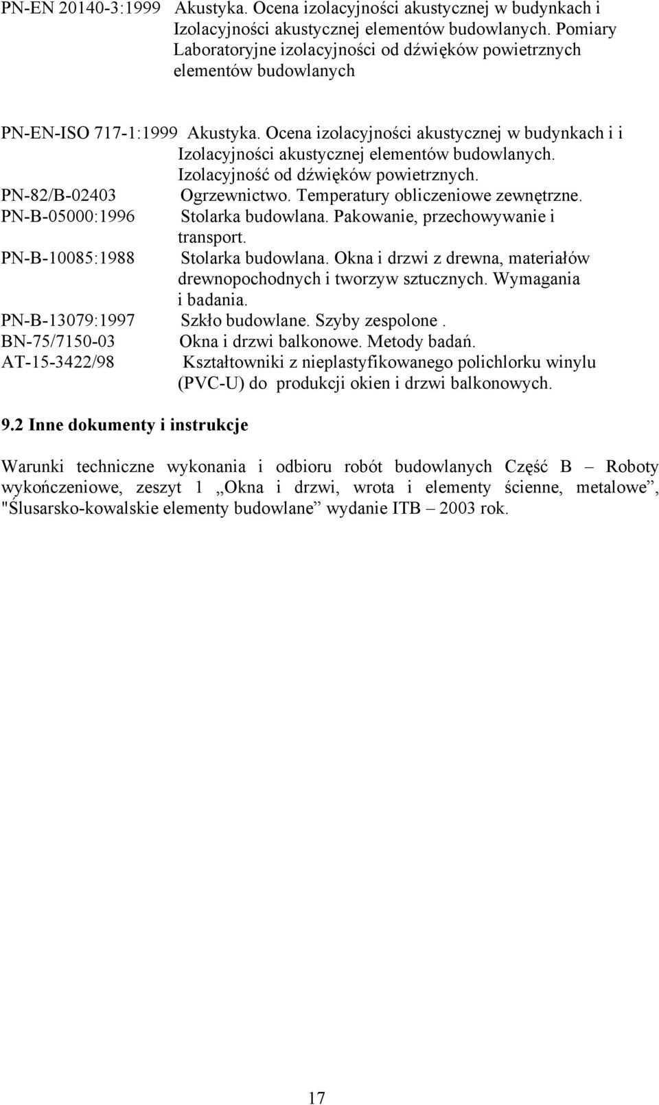 Ocena izolacyjności akustycznej w budynkach i i Izolacyjności akustycznej elementów budowlanych. Izolacyjność od dźwięków powietrznych. PN-82/B-02403 Ogrzewnictwo. Temperatury obliczeniowe zewnętrzne.