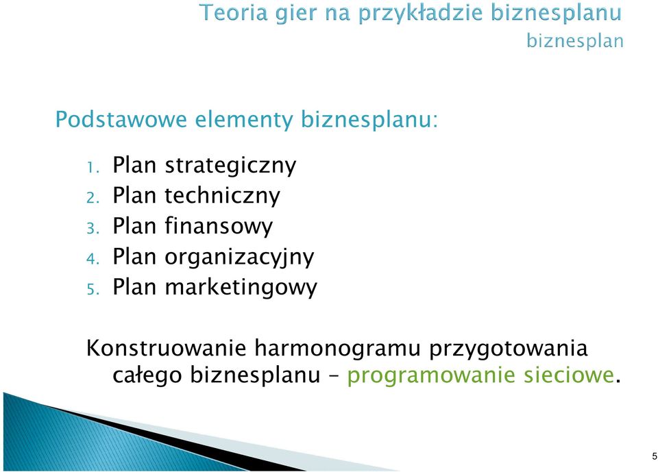 Plan finansowy 4. Plan organizacyjny 5.