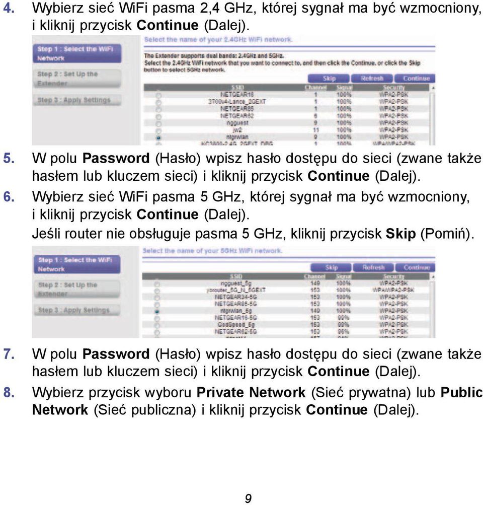 Wybierz sieć WiFi pasma 5 GHz, której sygnał ma być wzmocniony, i kliknij przycisk Continue (Dalej).