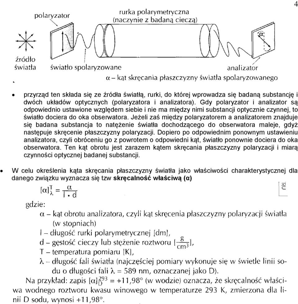 Jeżeli zaś między polaryzatorem a analizatorem znajduje się badana substancja to natężenie światła dochodzącego do obserwatora maleje, gdyż następuje skręcenie płaszczyzny polaryzacji.