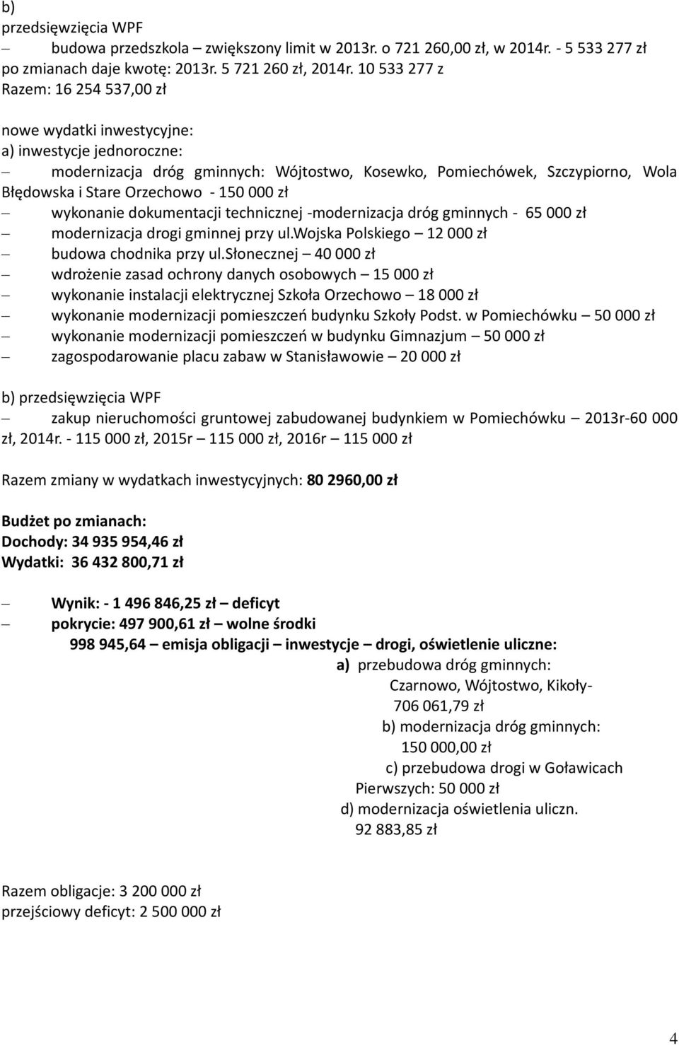 150 000 zł wykonanie dokumentacji technicznej -modernizacja dróg gminnych - 65 000 zł modernizacja drogi gminnej przy ul.wojska Polskiego 12 000 zł budowa chodnika przy ul.