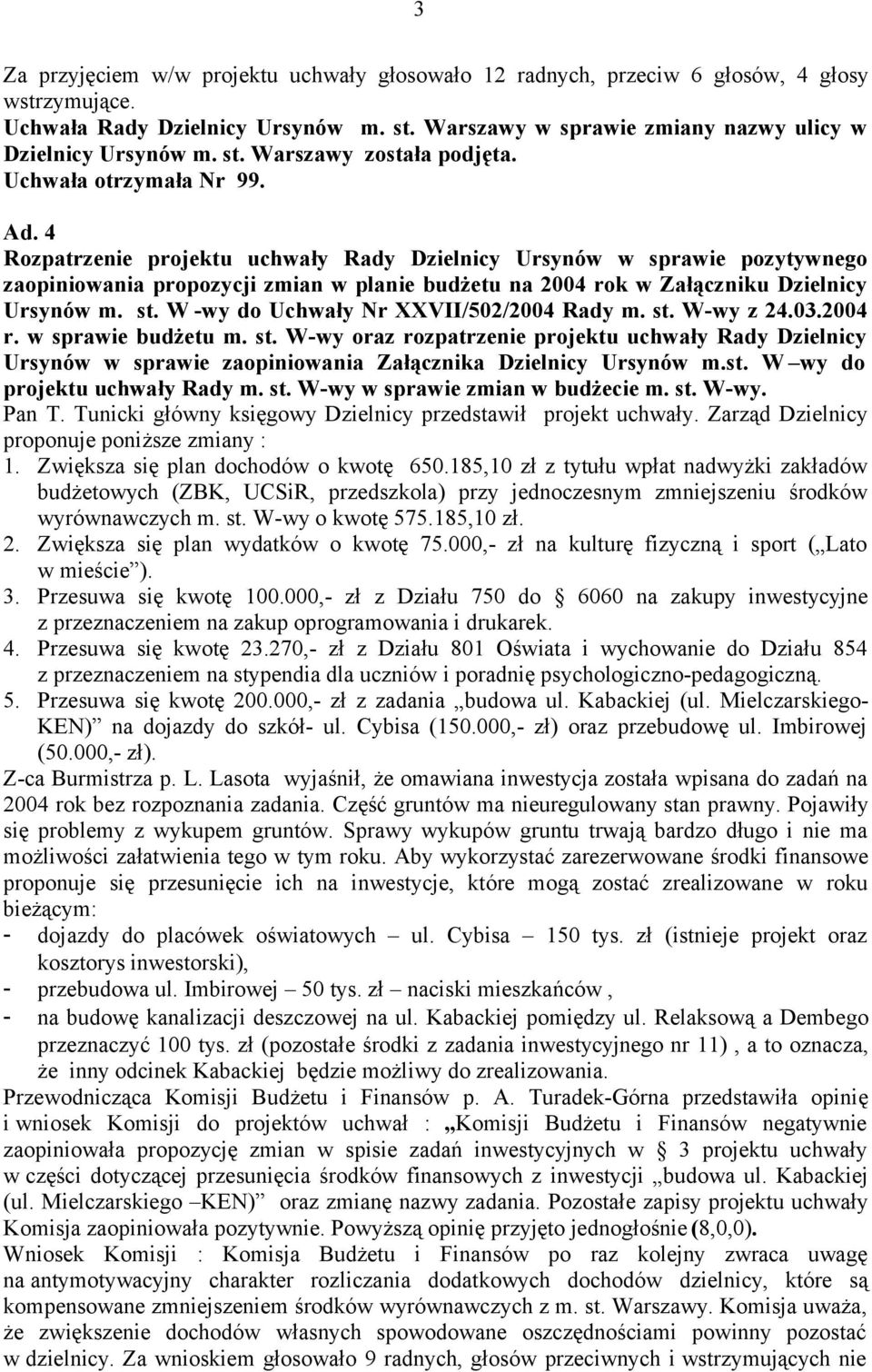 4 Rozpatrzenie projektu uchwały Rady Dzielnicy Ursynów w sprawie pozytywnego zaopiniowania propozycji zmian w planie budżetu na 2004 rok w Załączniku Dzielnicy Ursynów m. st.