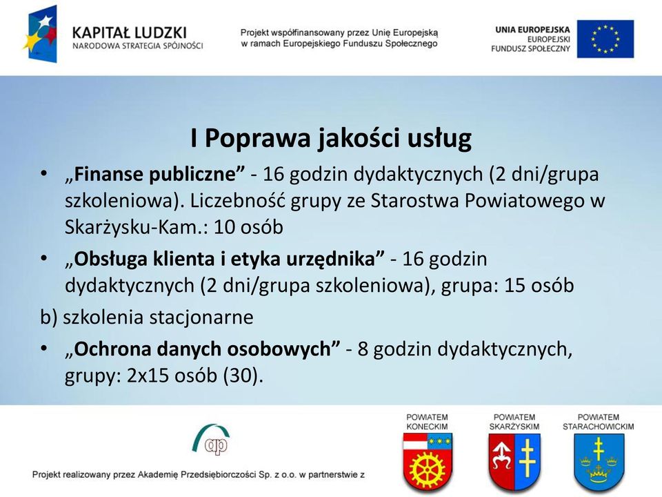 : 10 osób Obsługa klienta i etyka urzędnika - 16 godzin dydaktycznych (2 dni/grupa