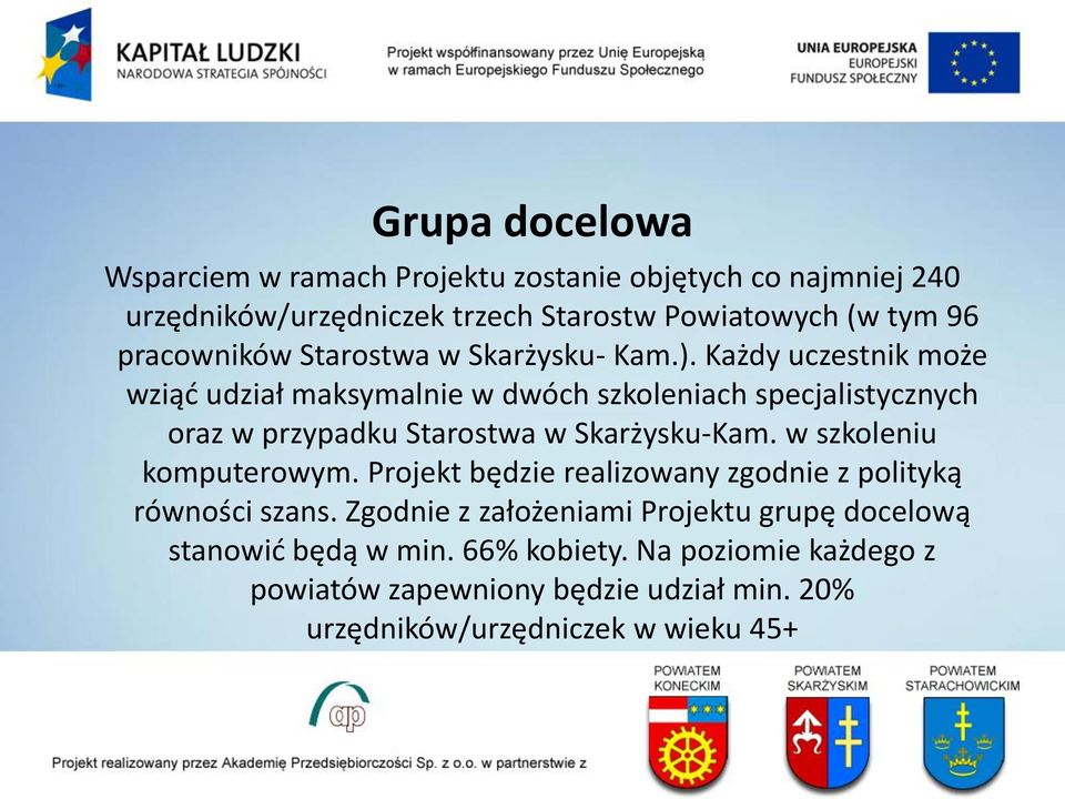 Każdy uczestnik może wziąd udział maksymalnie w dwóch szkoleniach specjalistycznych oraz w przypadku Starostwa w Skarżysku-Kam.