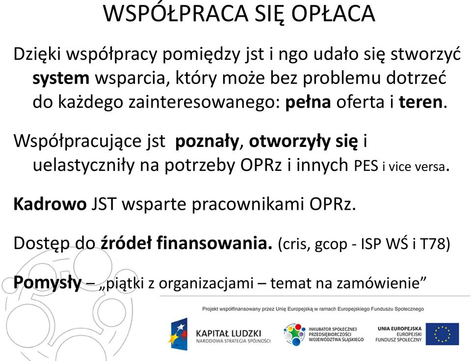 Współpracujące jst poznały, otworzyły się i uelastyczniły na potrzeby OPRz i innych PES i vice versa.