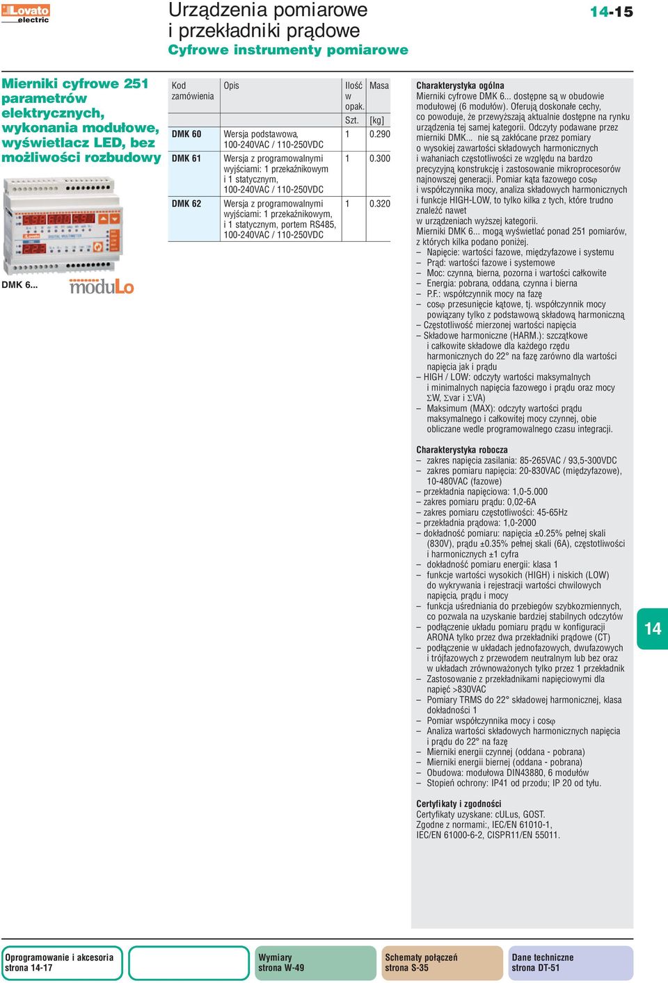 320 yjśami: 1 przekaźnikoym, i 1 statycznym, portem RS485, 100-240VAC / 110-250VDC Mrniki cyfroe DMK 6... dostępne są udo modułoej (6 modułó).