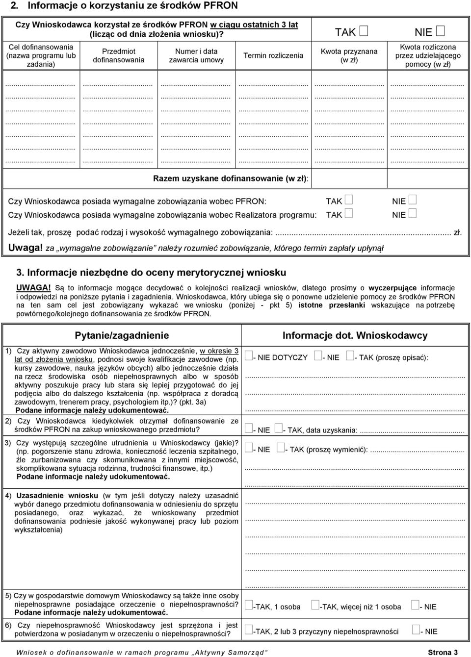 zł).............. Razem uzyskane dofinansowanie (w zł): Czy Wnioskodawca posiada wymagalne zobowiązania wobec PFRON: TAK NIE Czy Wnioskodawca posiada wymagalne zobowiązania wobec Realizatora