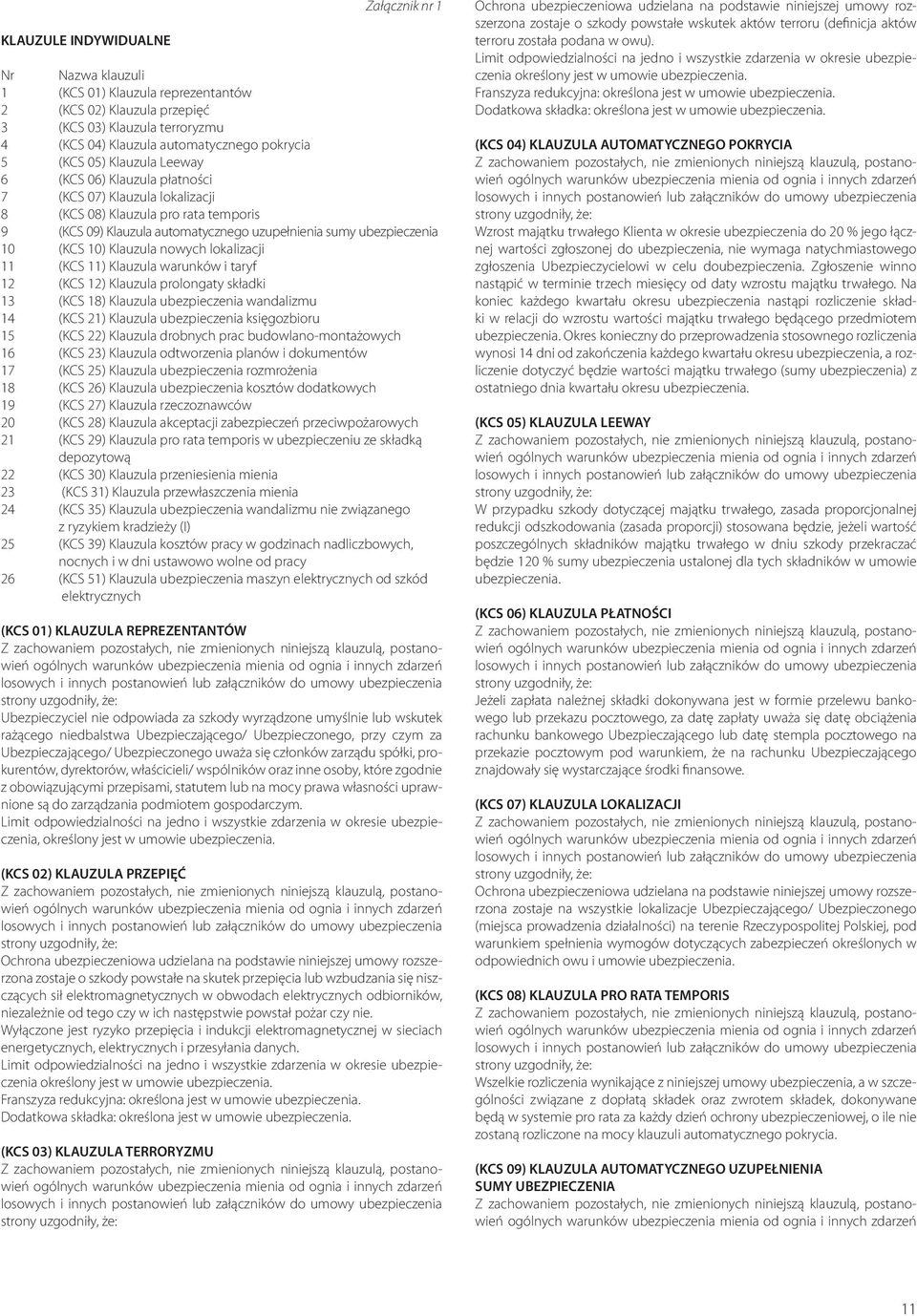 10) Klauzula nowych lokalizacji 11 (KCS 11) Klauzula warunków i taryf 12 (KCS 12) Klauzula prolongaty składki 13 (KCS 18) Klauzula ubezpieczenia wandalizmu 14 (KCS 21) Klauzula ubezpieczenia