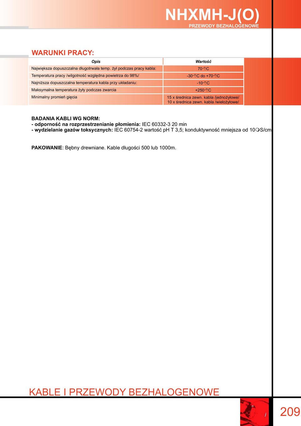 żył podczas pracy kabla: 0 C -30 C do +0 C -0 C +250 C 5 x średnica zewn. kabla /jednożyłowe/ 0 x średnica zewn.