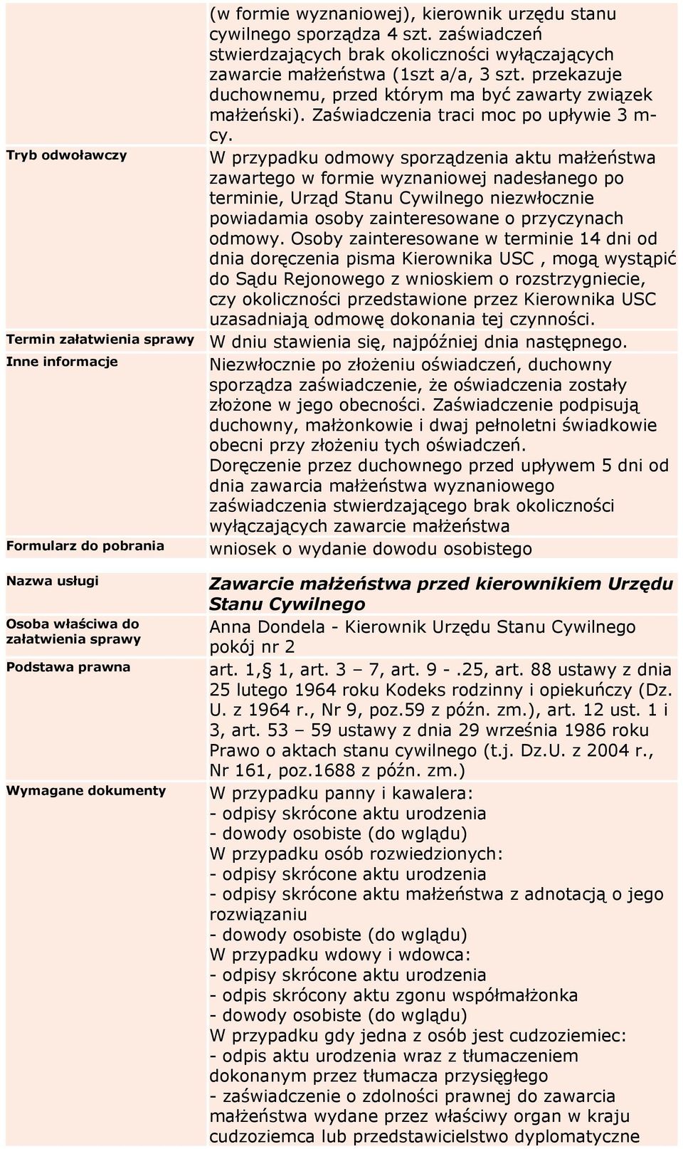 Tryb odwoławczy W przypadku odmowy sporządzenia aktu małżeństwa zawartego w formie wyznaniowej nadesłanego po terminie, Urząd Stanu Cywilnego niezwłocznie powiadamia osoby zainteresowane o