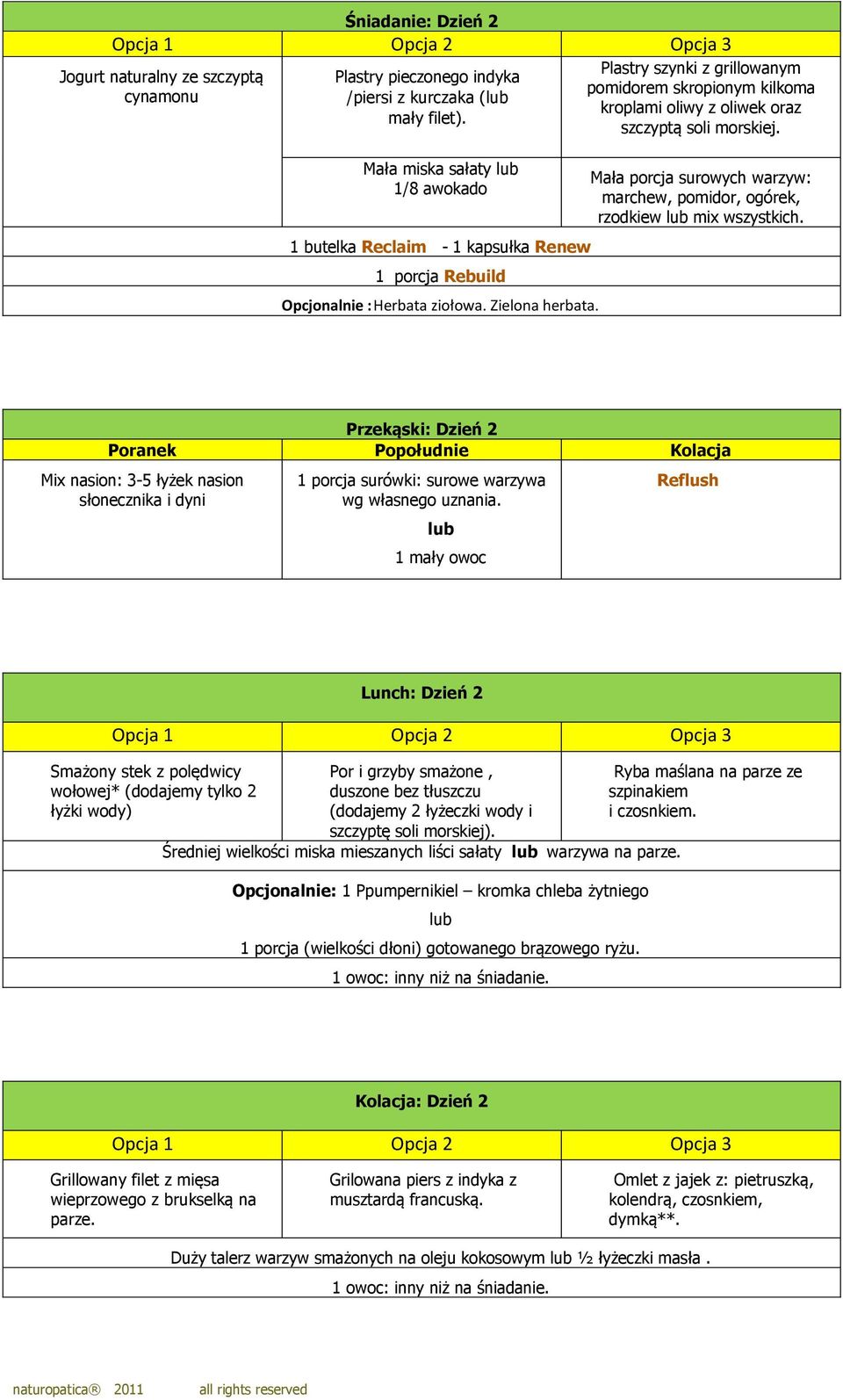 Przekąski: Dzień 2 Mix nasion: 3-5 łyżek nasion słonecznika i dyni 1 porcja surówki: surowe warzywa wg własnego uznania.