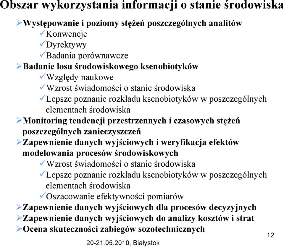 zanieczyszczeń Zapewnienie danych wyjściowych i weryfikacja efektów modelowania procesów środowiskowych Wzrost świadomości o stanie środowiska Lepsze poznanie rozkładu ksenobiotyków w poszczególnych