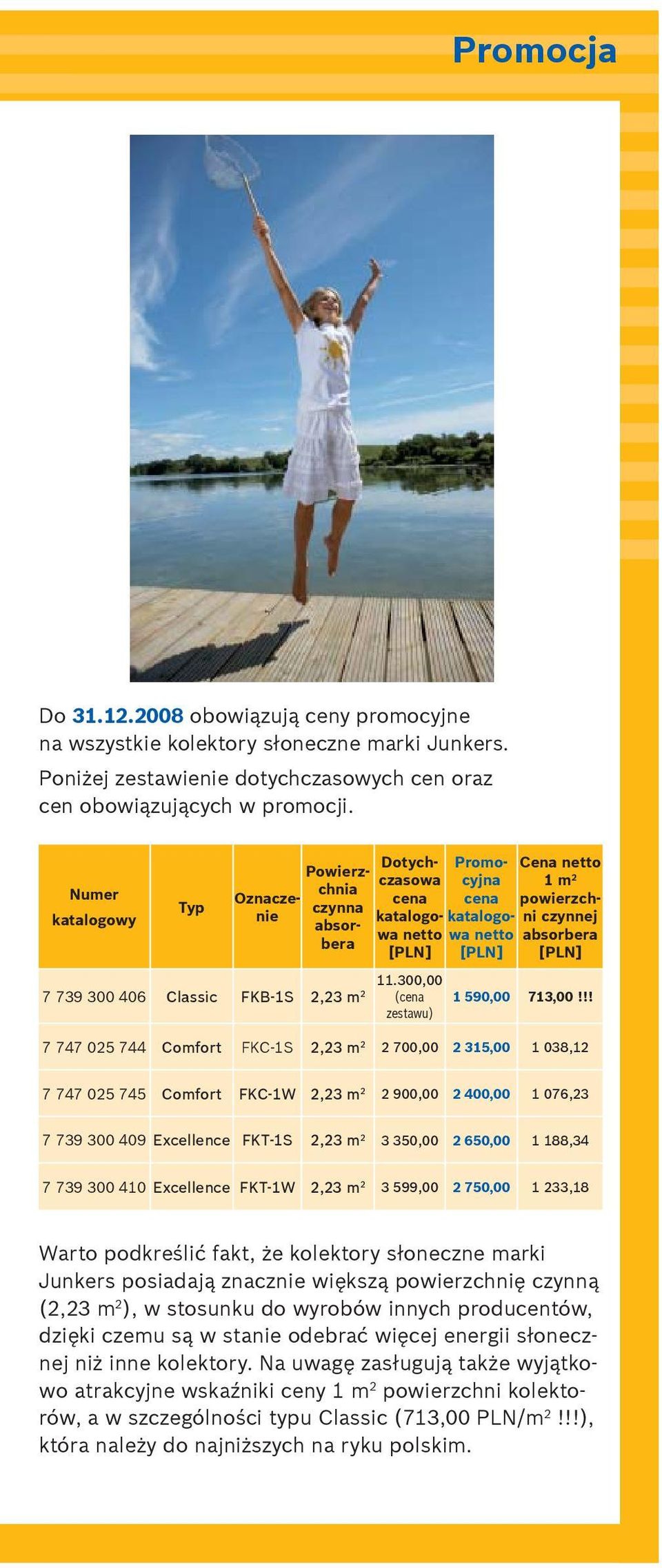 300,00 zestawu) Promocyjna cena Oznaczenie Powierzchnia czynna absorbera Dotychczasowa cena katalogowa netto wa netto katalogo- [PLN] [PLN] Cena netto 1 m 2 powierzchni czynnej absorbera [PLN] 1