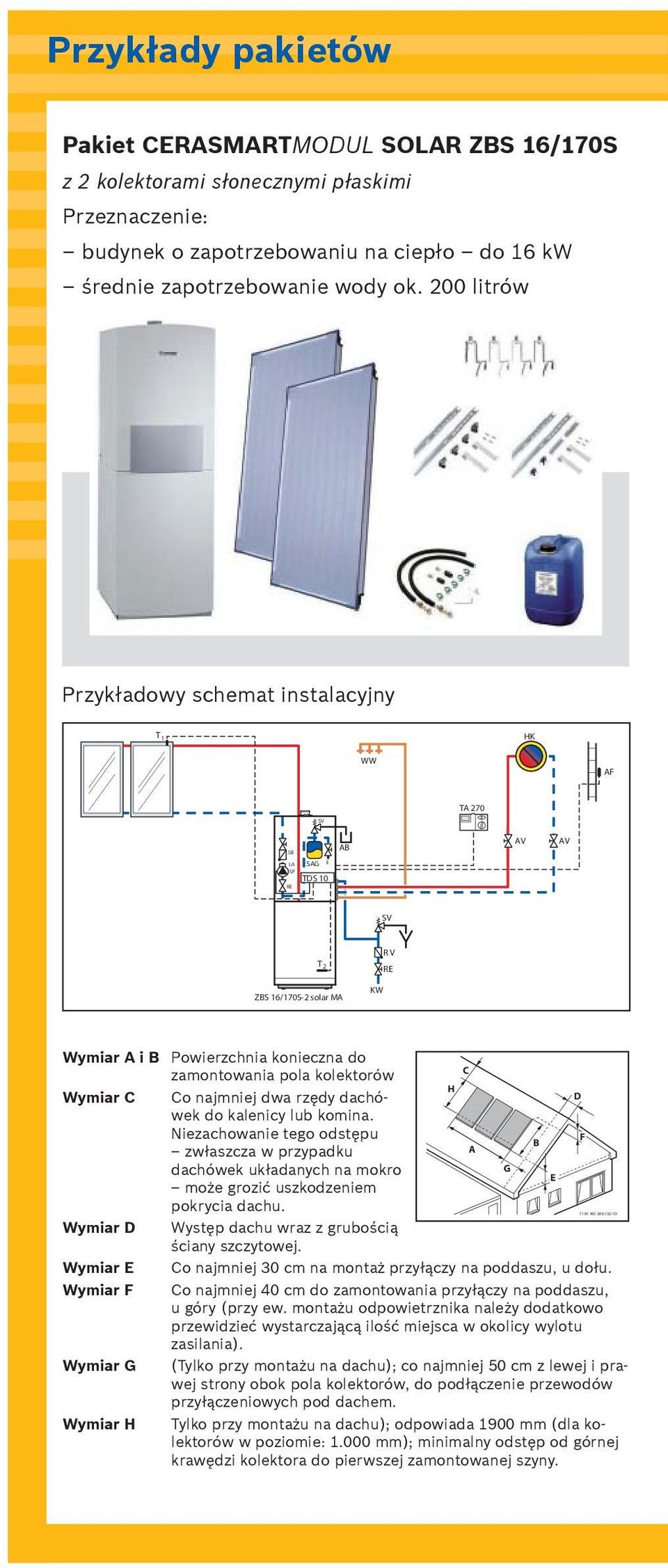 200 litrów Przyk adowy schemat instalacyjny T 1 HK WW AF TA 270 SV SB AB LA SAG E SP TDS 10 RE SV RV T 2 RE ZBS 16/170S-2 solar MA KW Wymiar A i B Powierzchnia konieczna do C zamontowania pola