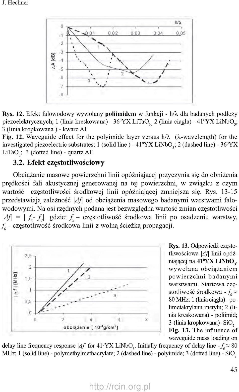 Waveguide effect for the polyimide layer versus h/à (À-wavelength) for the investigated piezoelectric substrates; 1 (solid line ) - 41 0 YX LiNbO 3 ; 2 (dashed line) - 36 0 YX LiTaO 3 ; 3 (dotted